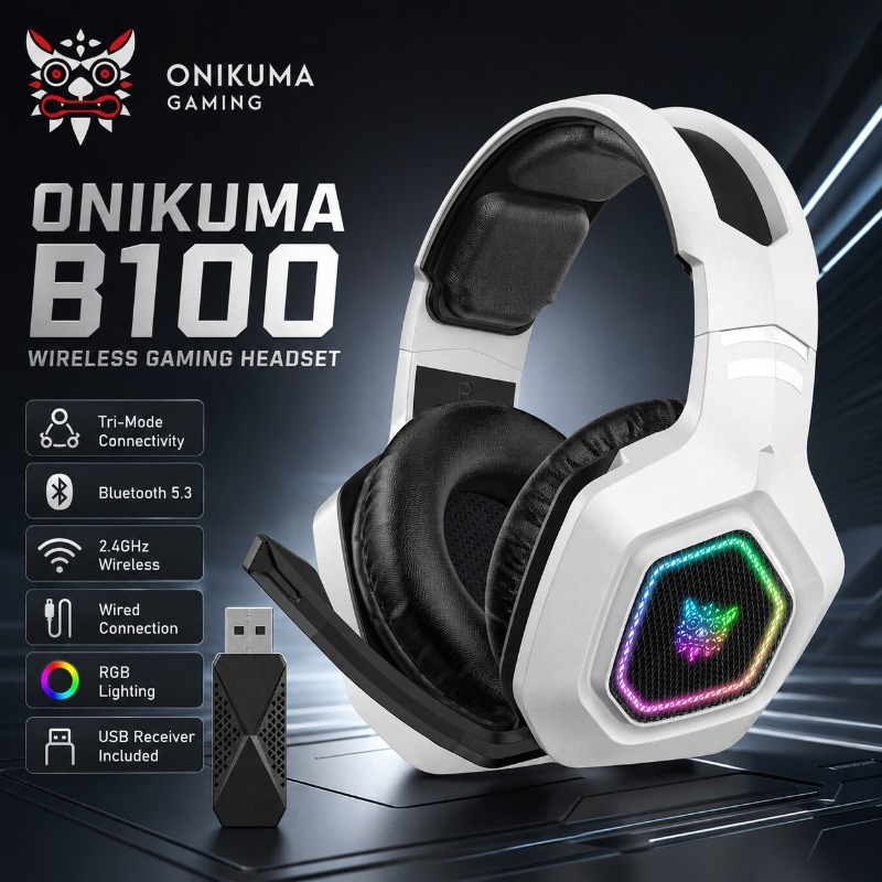 Gaming Console Amazon - ONIKUMA B100 ชุดหูฟังสำหรับเล่นเกมไร้สายบลูทูธ RGB ความหน่วงต่ำพิเศษพร้อมไมโครโฟนสเตอริโอสำหรับ PS5