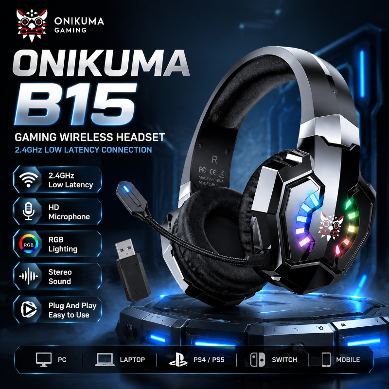 Gaming Console Amazon - หูฟังเกมมิ่งไร้สาย ONIKUMA B15 2.4GHz RGB พร้อมไมโครโฟน