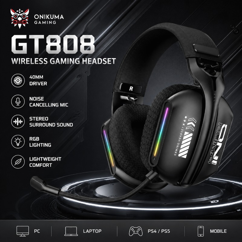 Gaming Console Amazon - ONIKUMA GT808 ชุดหูฟังสำหรับเล่นเกมไร้สายบลูทูธ 2.4G หูฟังความหน่วงต่ำพร้อมไมโครโฟน RGB